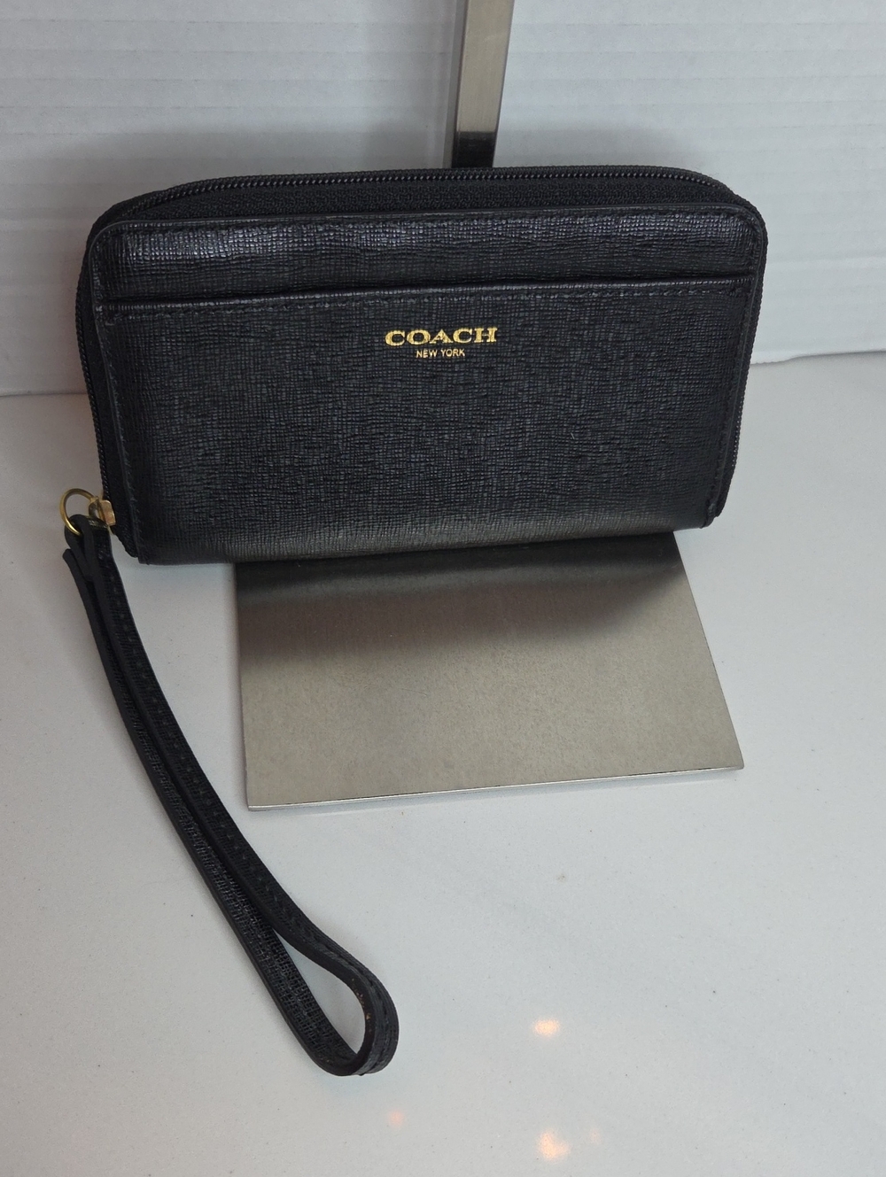 Coach Black Textured Zip Wristlet with Gold Logo